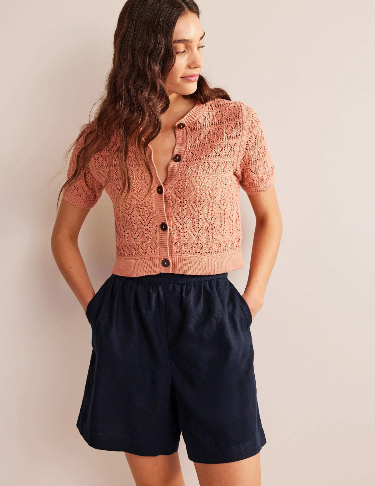 Pull-on Linen Shorts-Navy