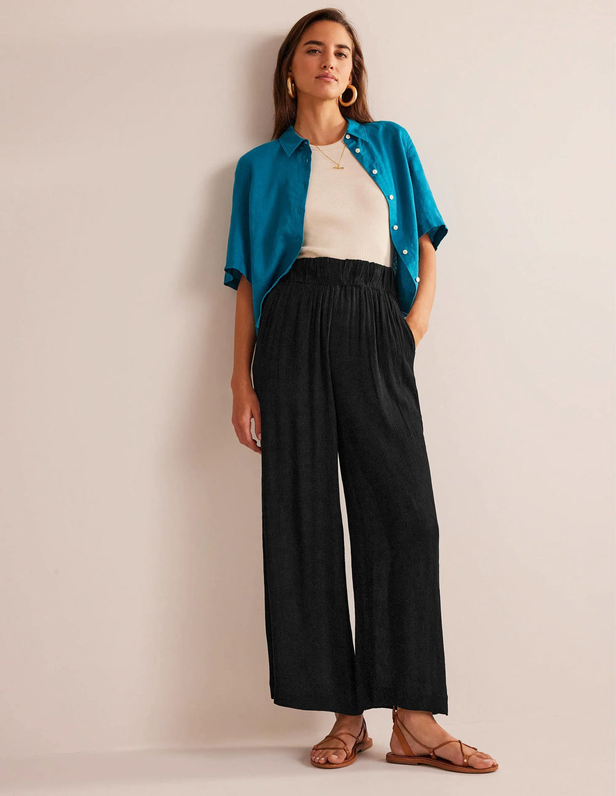 Crinkle Wide Leg Trousers-Black