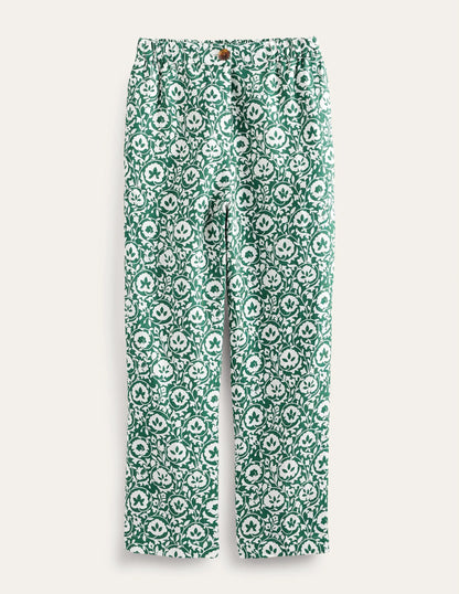 Pull-on Linen Pants-Green, Enchanting Bloom