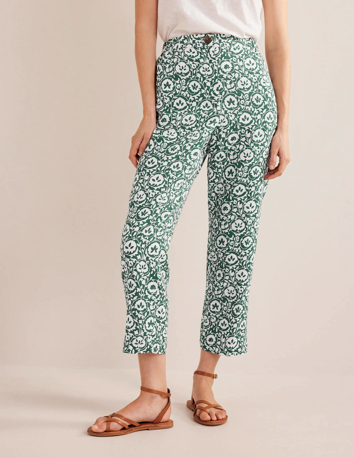 Pull-on Linen Pants-Green, Enchanting Bloom