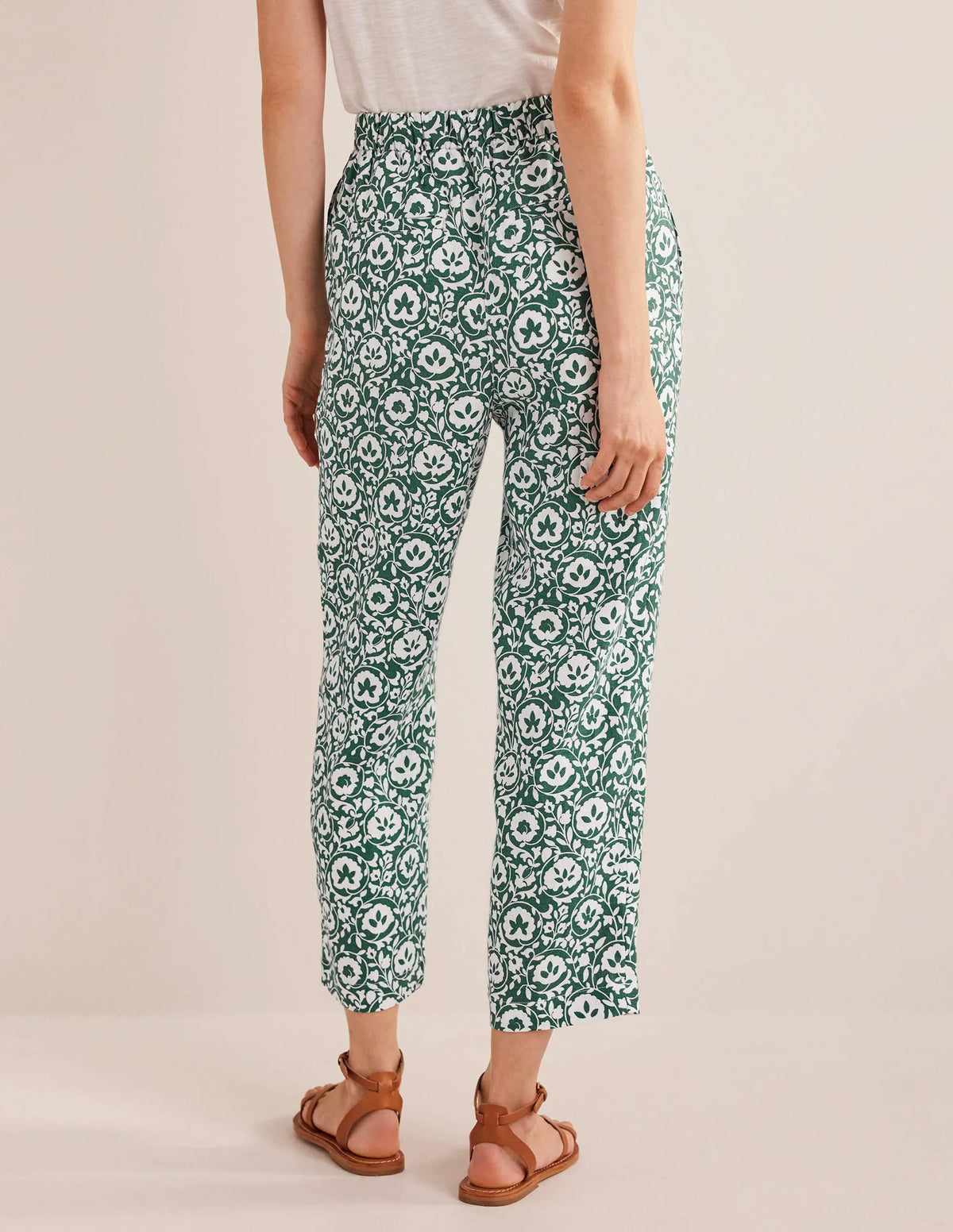 Pull-on Linen Pants-Green, Enchanting Bloom