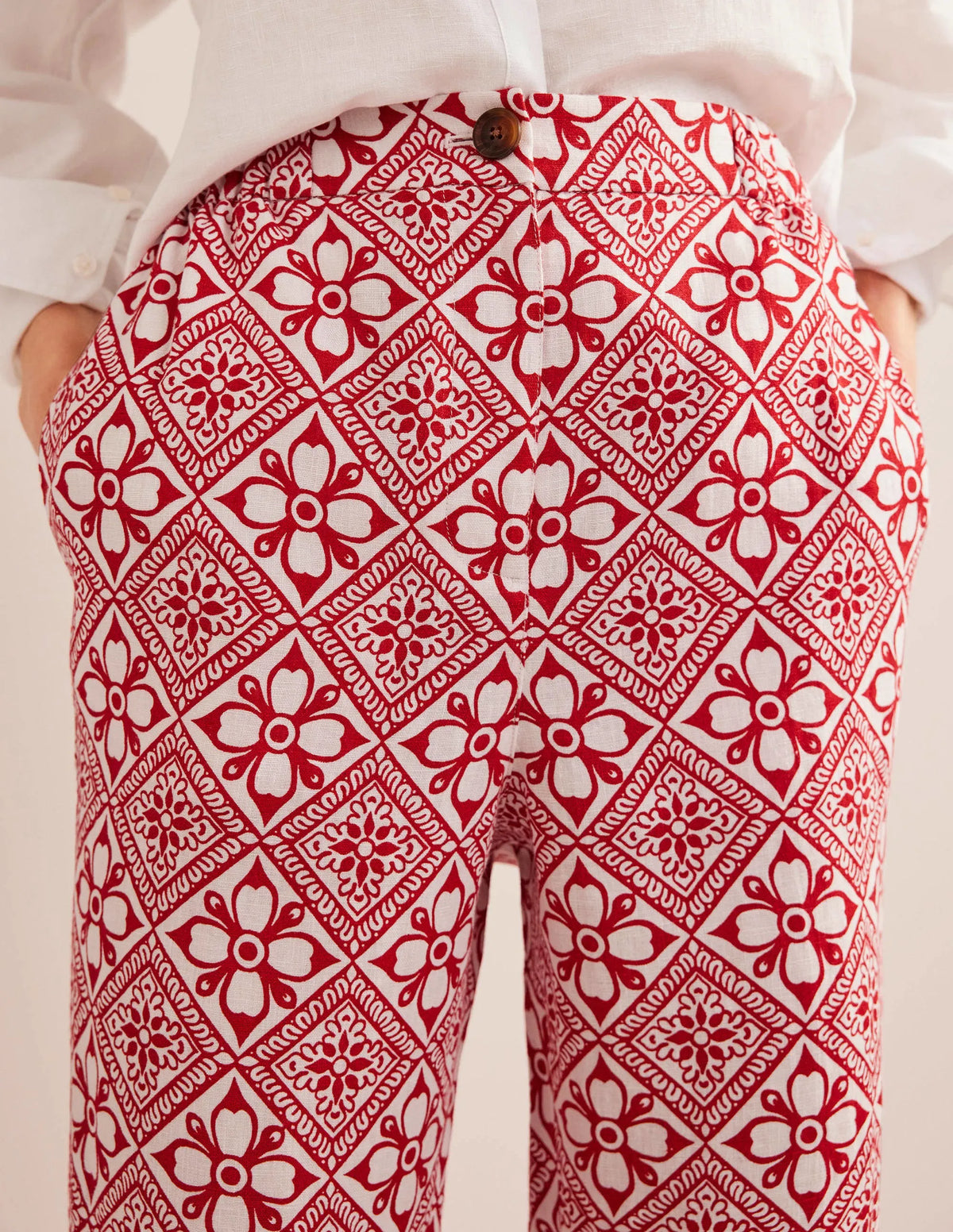 Pull-on Linen Pants-Poinsettia, Block Pome