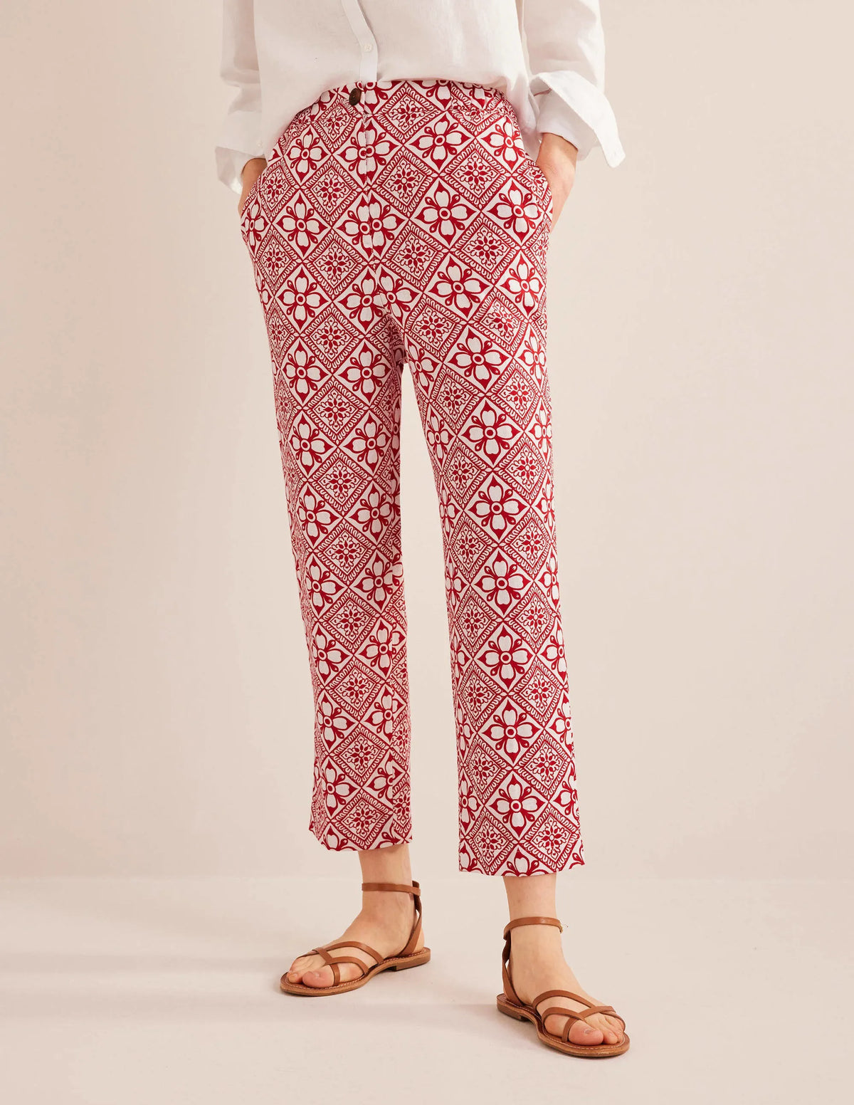 Pull-on Linen Pants-Poinsettia, Block Pome