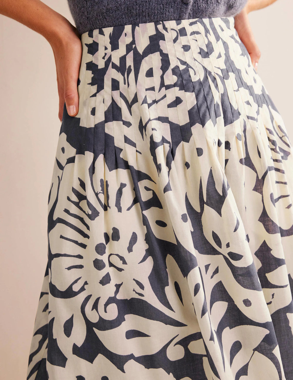 Pleated Cotton Midi Skirt-Sapphire, Oak Terrace
