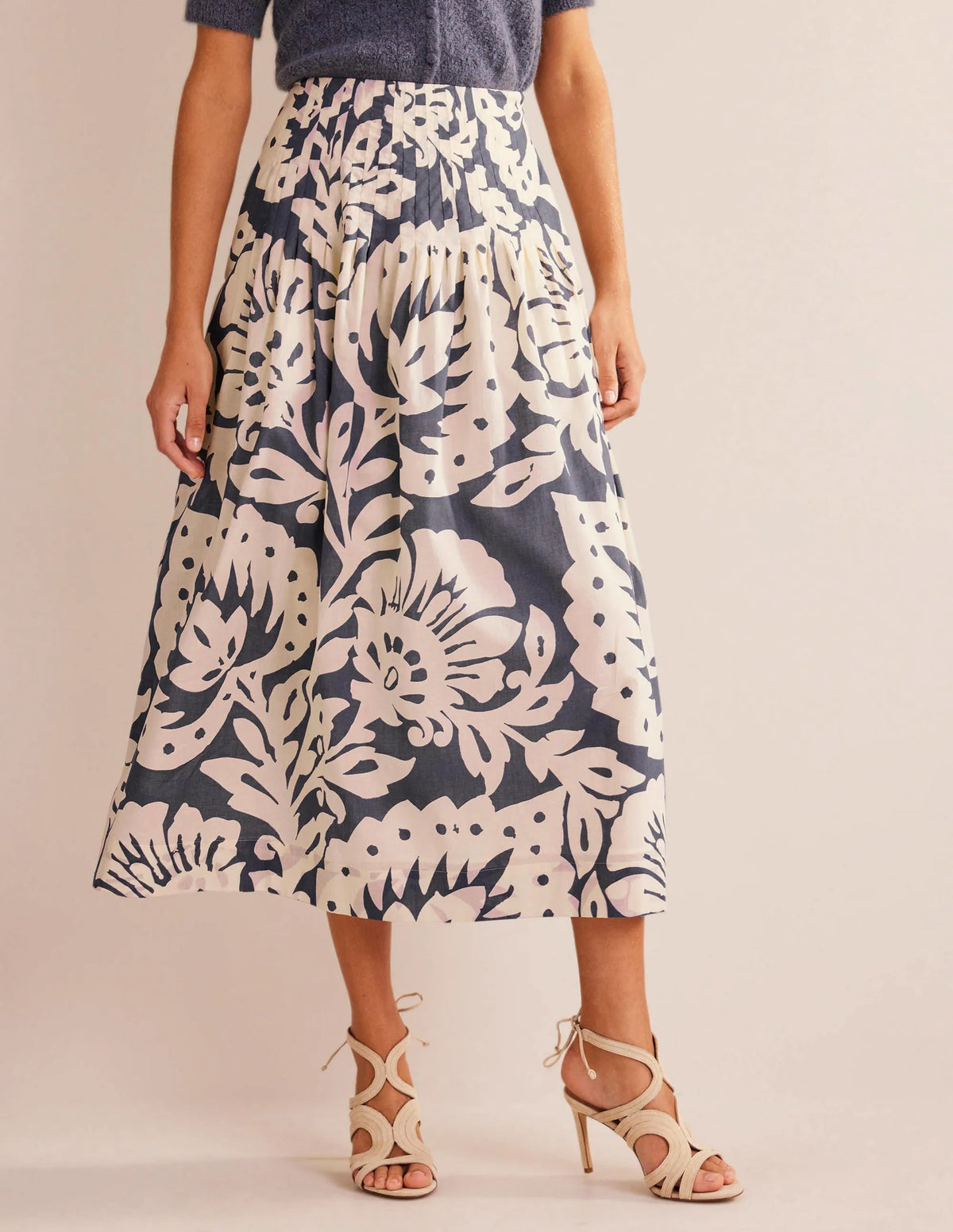 Pleated Cotton Midi Skirt-Sapphire, Oak Terrace
