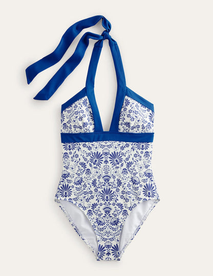 Ithaca Halter Swimsuit-Ivory, Lake Blue Gardenia