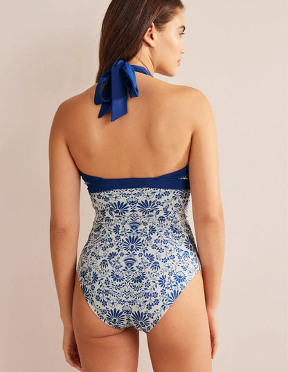 Ithaca Halter Swimsuit-Ivory, Lake Blue Gardenia
