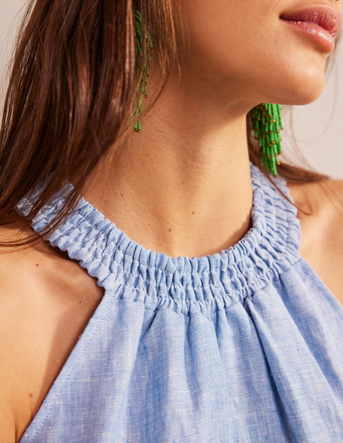 Linen Smocked Halter Top-Chambray