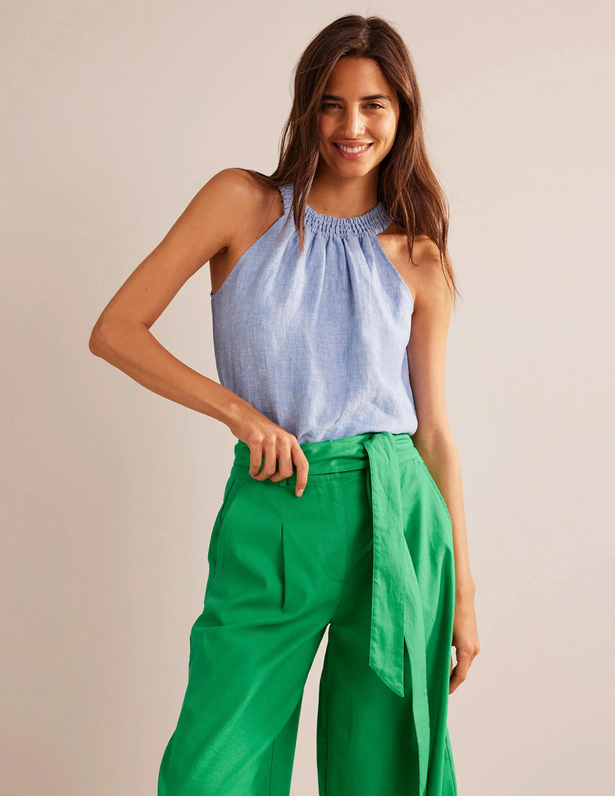 Linen Smocked Halter Top-Chambray