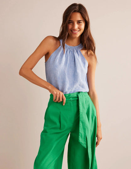 Linen Smocked Halter Top-Chambray