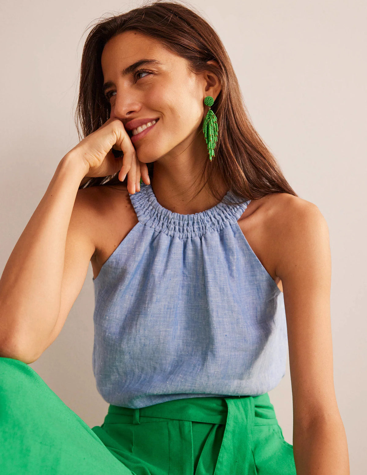 Linen Smocked Halter Top-Chambray
