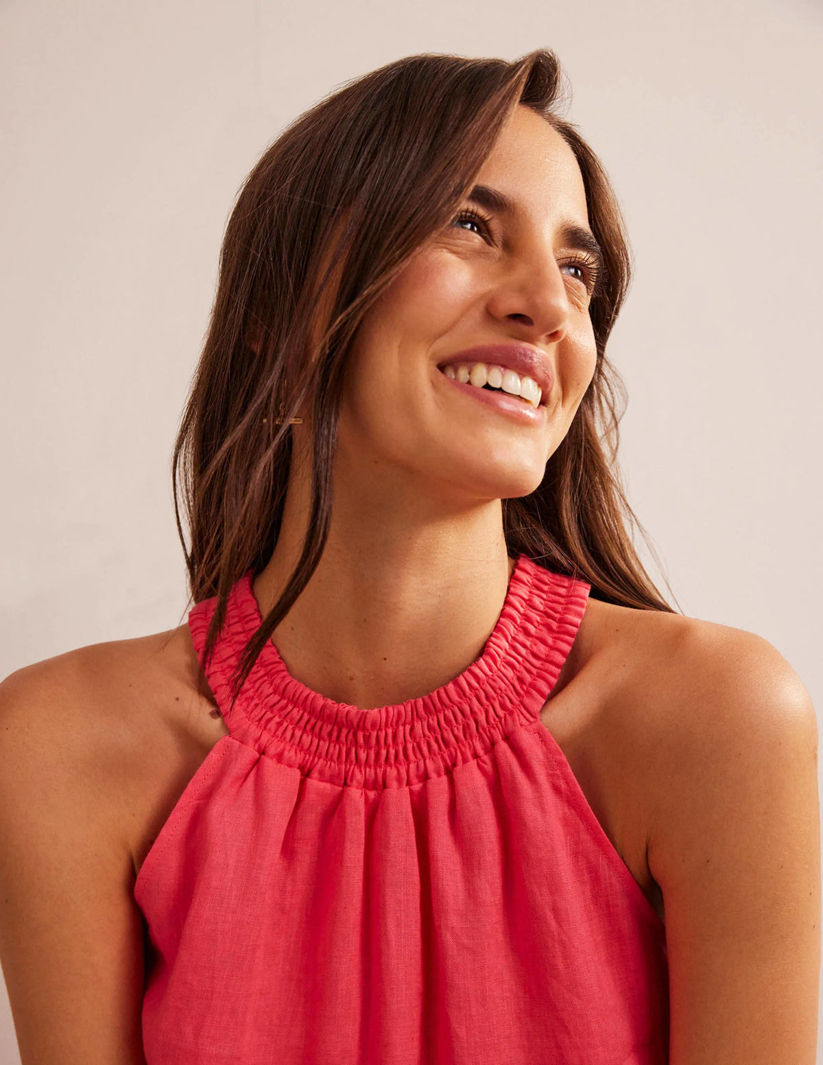 Linen Smocked Halter Top-Coral Sunset