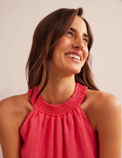 Linen Smocked Halter Top-Coral Sunset