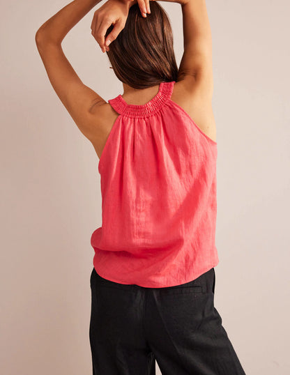 Linen Smocked Halter Top-Coral Sunset