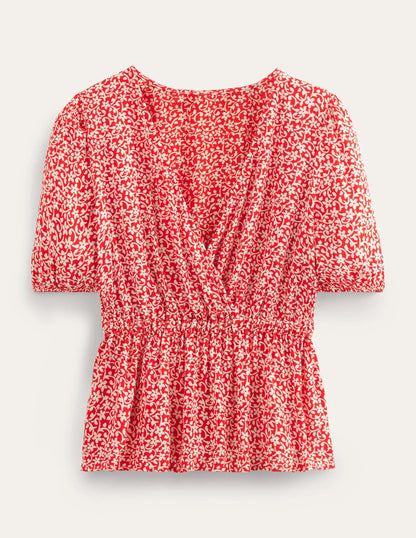 Wrap Elasticated Waist Top-Vermillion, Flower Stem