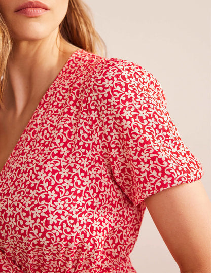 Wrap Elasticated Waist Top-Vermillion, Flower Stem
