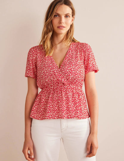 Wrap Elasticated Waist Top-Vermillion, Flower Stem