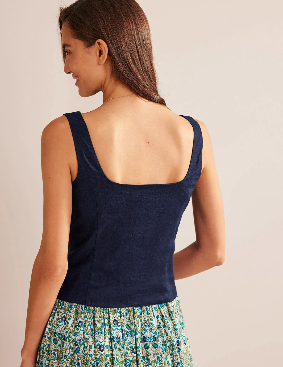 Square Neck Button Top-Navy