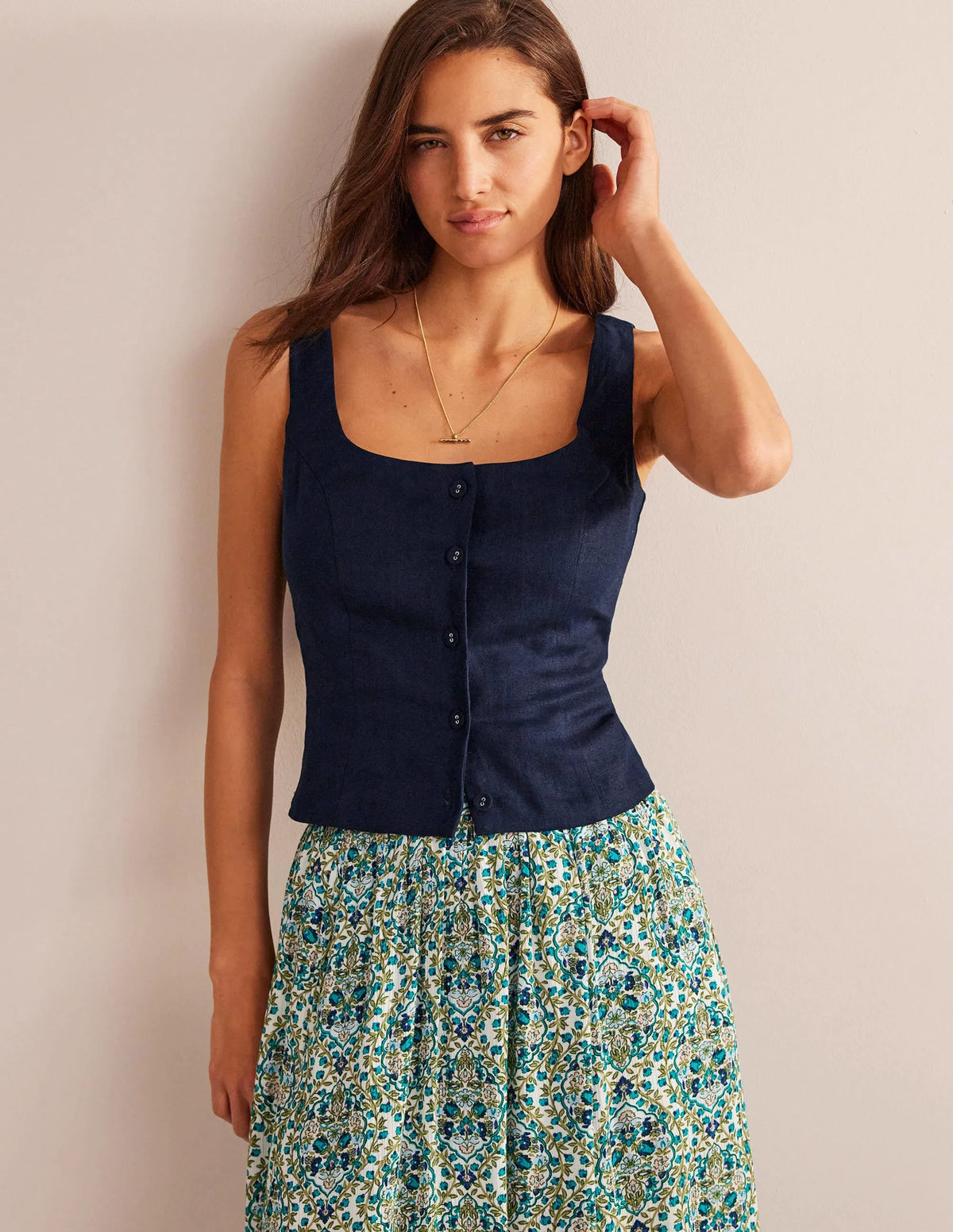 Square Neck Button Top-Navy