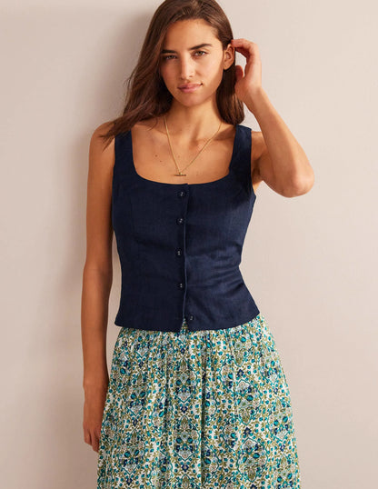 Square Neck Button Top-Navy