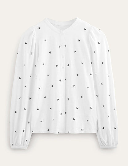 Long Sleeve Embroidered Top-White, Blue Embroidery