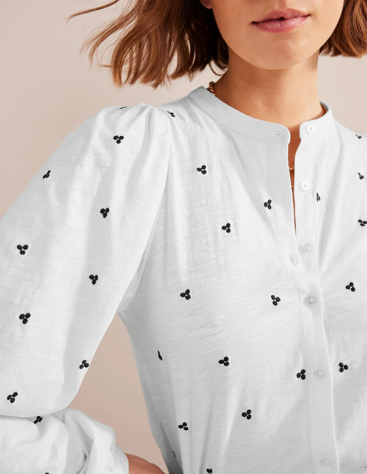 Long Sleeve Embroidered Top-White, Blue Embroidery