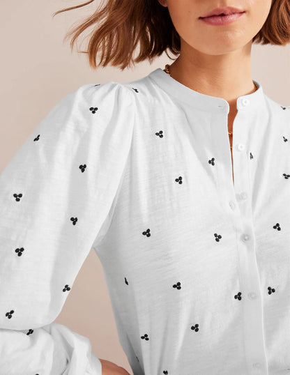 Long Sleeve Embroidered Top-White, Blue Embroidery
