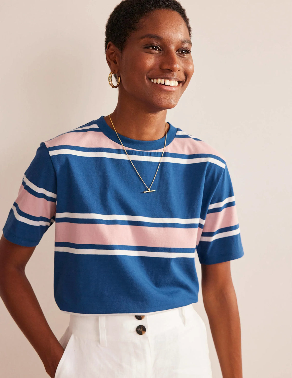 Boxy Stripe T-Shirt-Sapphire/Soft Pink Stripe