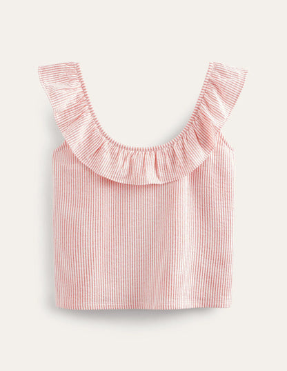Seersucker Frill Stripe Top-Vermillion/White Stripe