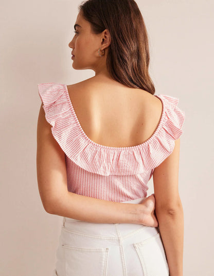 Seersucker Frill Stripe Top-Vermillion/White Stripe