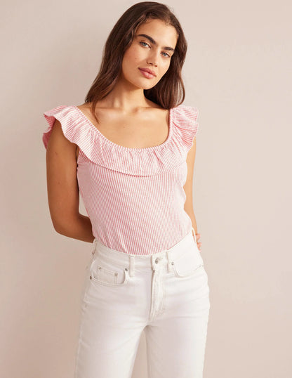 Seersucker Frill Stripe Top-Vermillion/White Stripe