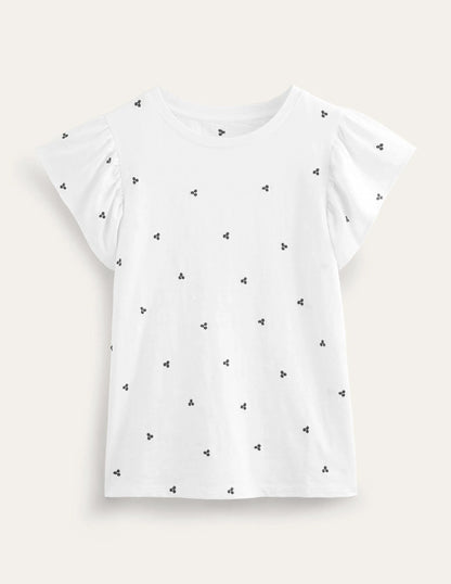 Embroidered Flutter Top-White, Blue Embroidery