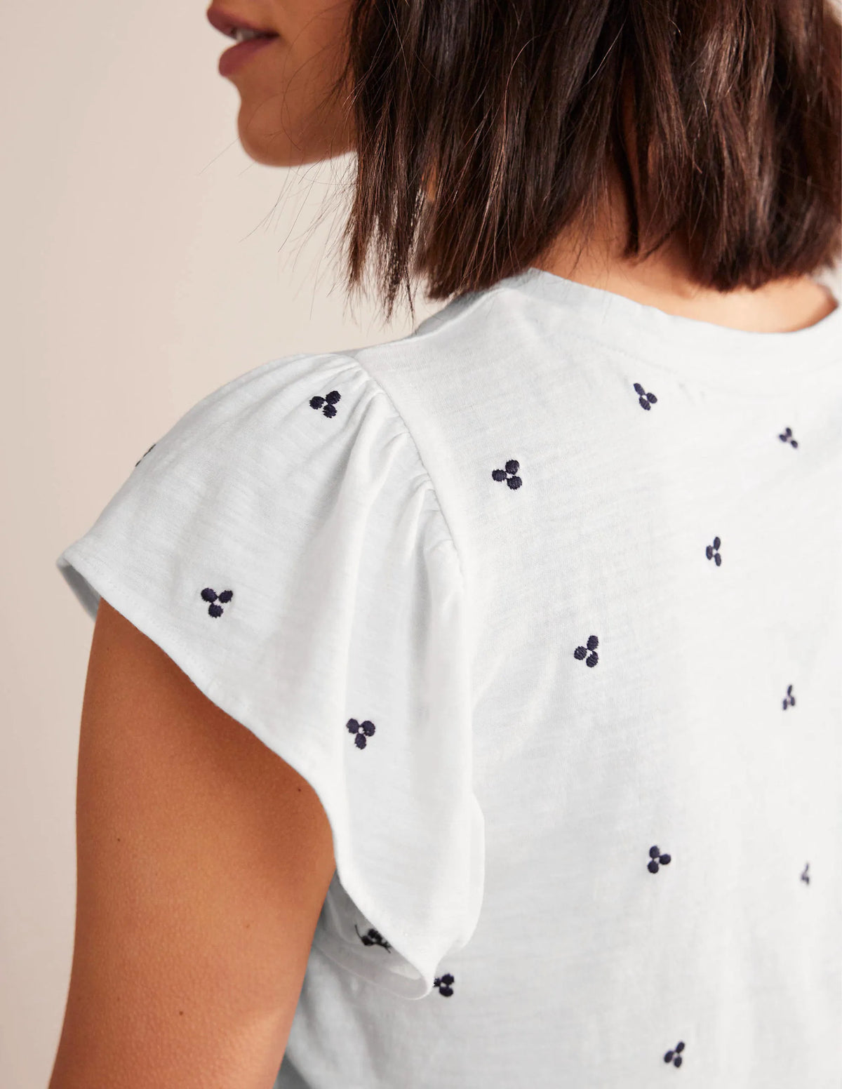 Embroidered Flutter Top-White, Blue Embroidery