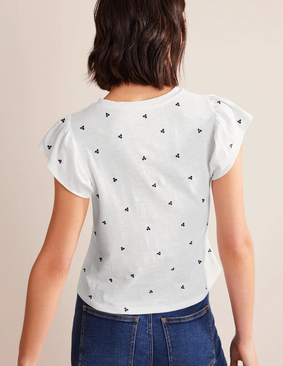 Embroidered Flutter Top-White, Blue Embroidery