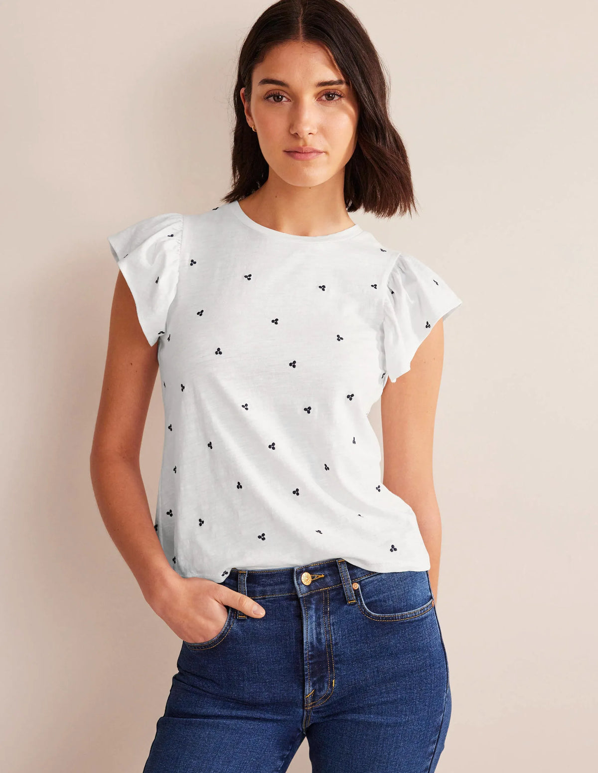 Embroidered Flutter Top-White, Blue Embroidery