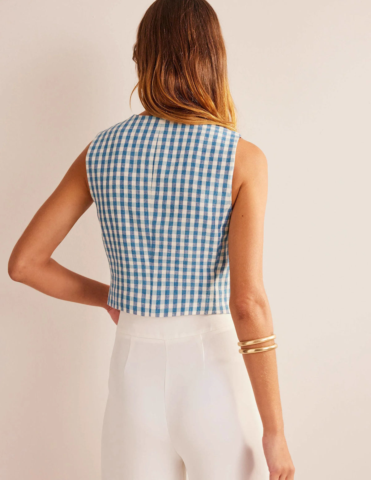 Linen V-Neck Waistcoat-Blue and White Gingham