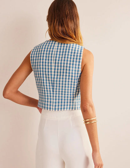 Linen V-Neck Waistcoat-Blue and White Gingham