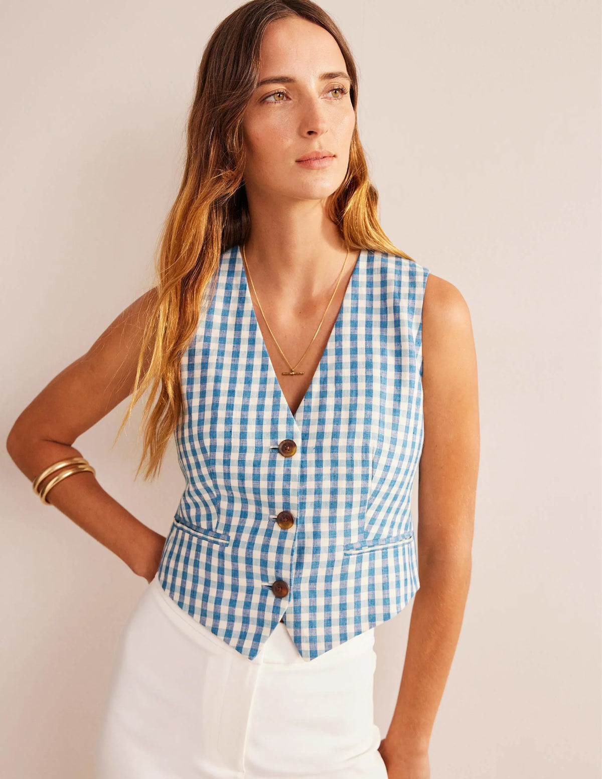Linen V-Neck Waistcoat-Blue and White Gingham