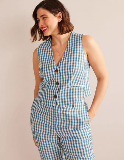 Linen V-Neck Waistcoat-Blue and White Gingham