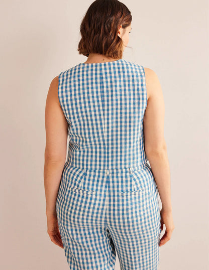 Linen V-Neck Waistcoat-Blue and White Gingham