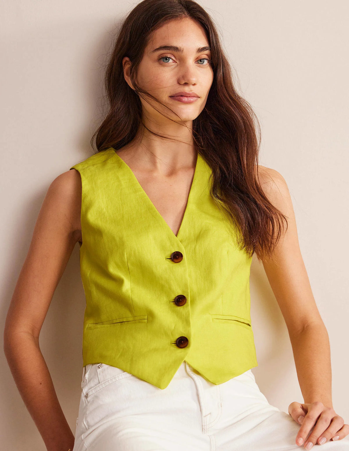 Linen V-Neck Waistcoat-Citrus