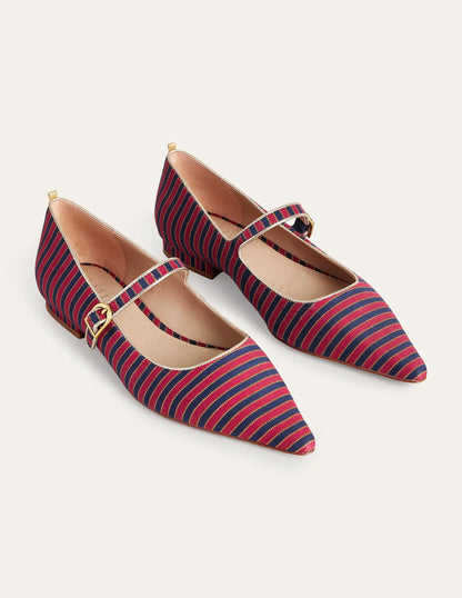 Pointed Toe Mary Jane Shoes-Red/ Navy Stripe