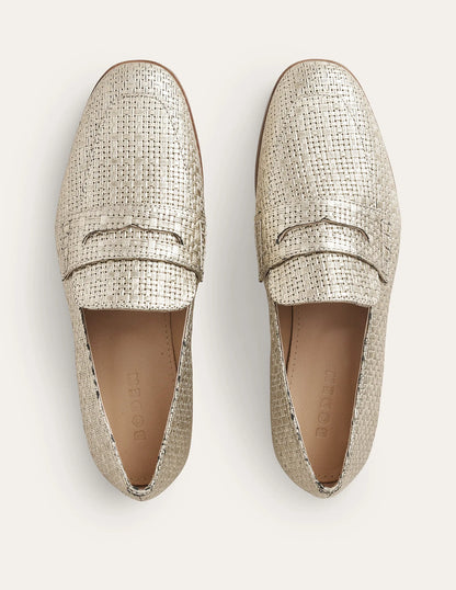 Woven Leather Loafers-Gold Weave Effect Leather