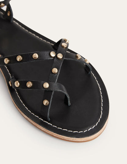 Studded Classic Flat Sandals-Black Leather
