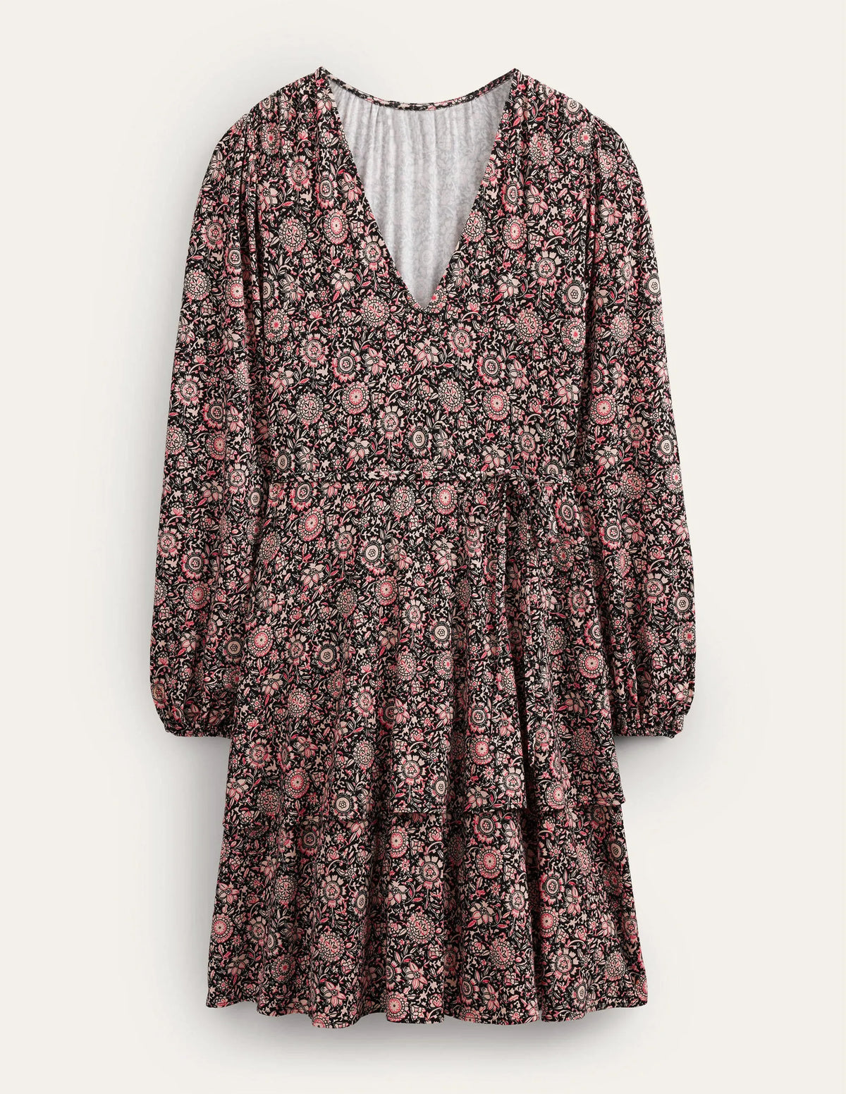 Tiered Mini Jersey Dress-Popcorn, Floral Tapestry