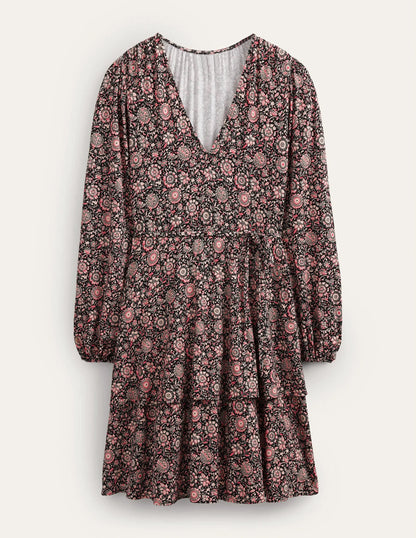 Tiered Mini Jersey Dress-Popcorn, Floral Tapestry