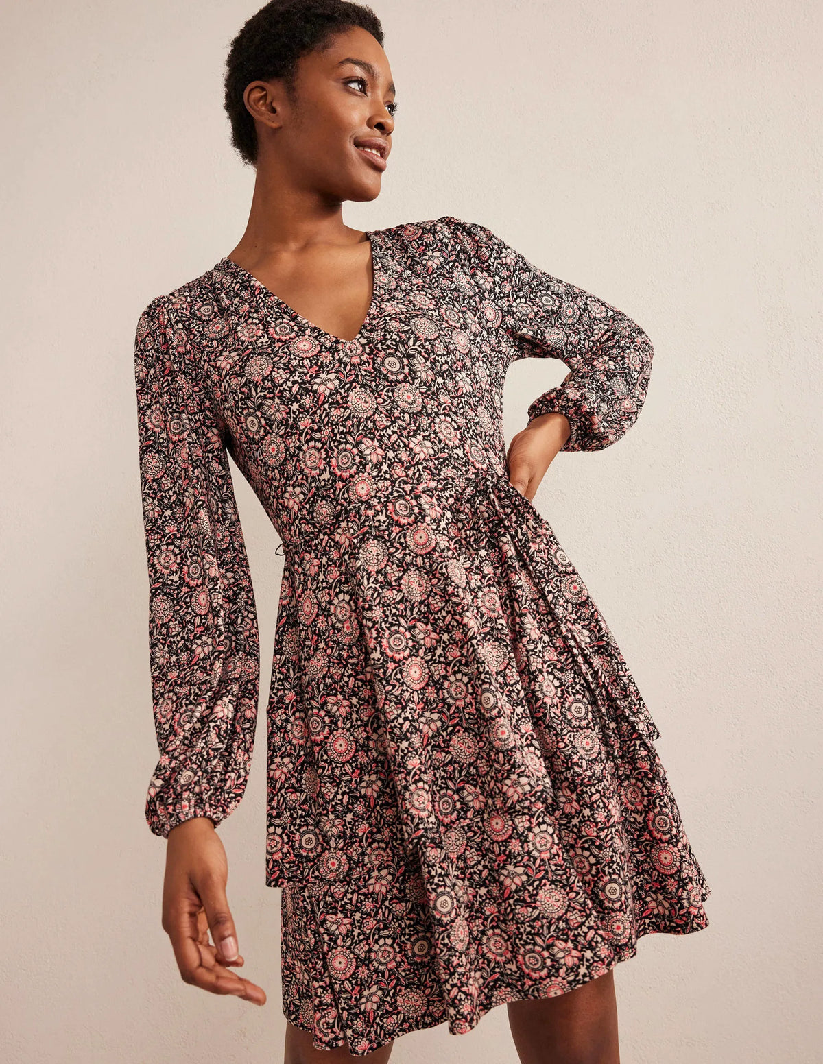 Tiered Mini Jersey Dress-Popcorn, Floral Tapestry