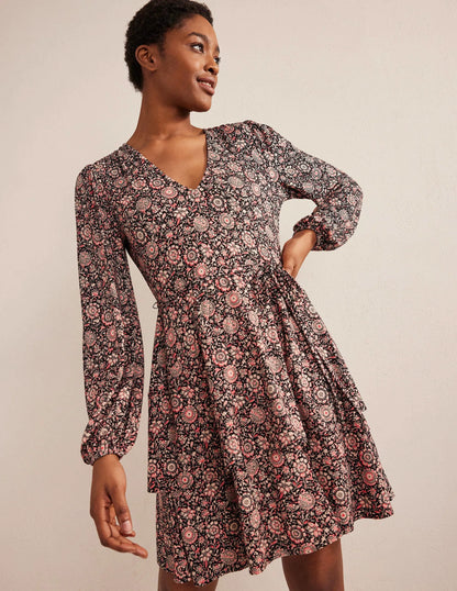 Tiered Mini Jersey Dress-Popcorn, Floral Tapestry