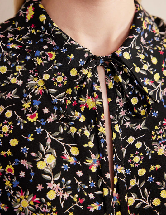 Tie Neck Shirt Dress-Black, Wildflower Paisley