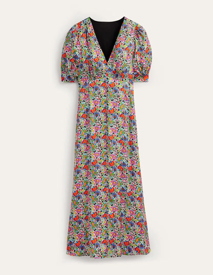 Satin Midi Tea Dress-Multi, Carnation Garden
